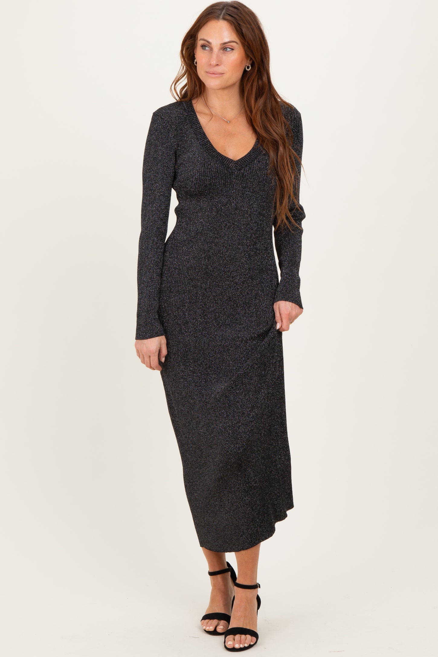 Black Shimmer Ribbed Knit Maternity Maxi Dress