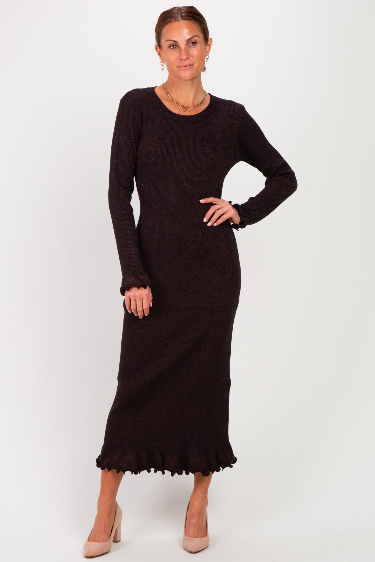 Black Shimmer Lettuce Edge Maternity Midi Dress
