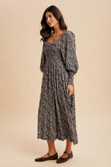 Navy Smocked Ruffled Floral Maxi Dress