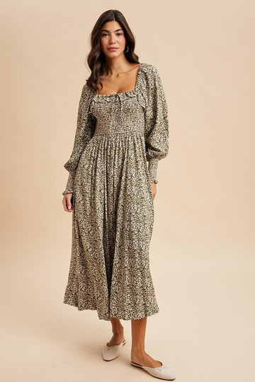 Light Olive Smocked Ruffled Floral Maxi Dress