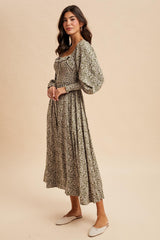 Light Olive Smocked Ruffled Floral Maxi Dress