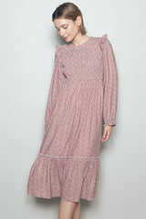 Rust Tiny Floral Ruffled Mock Neck Babydoll Midi Dress