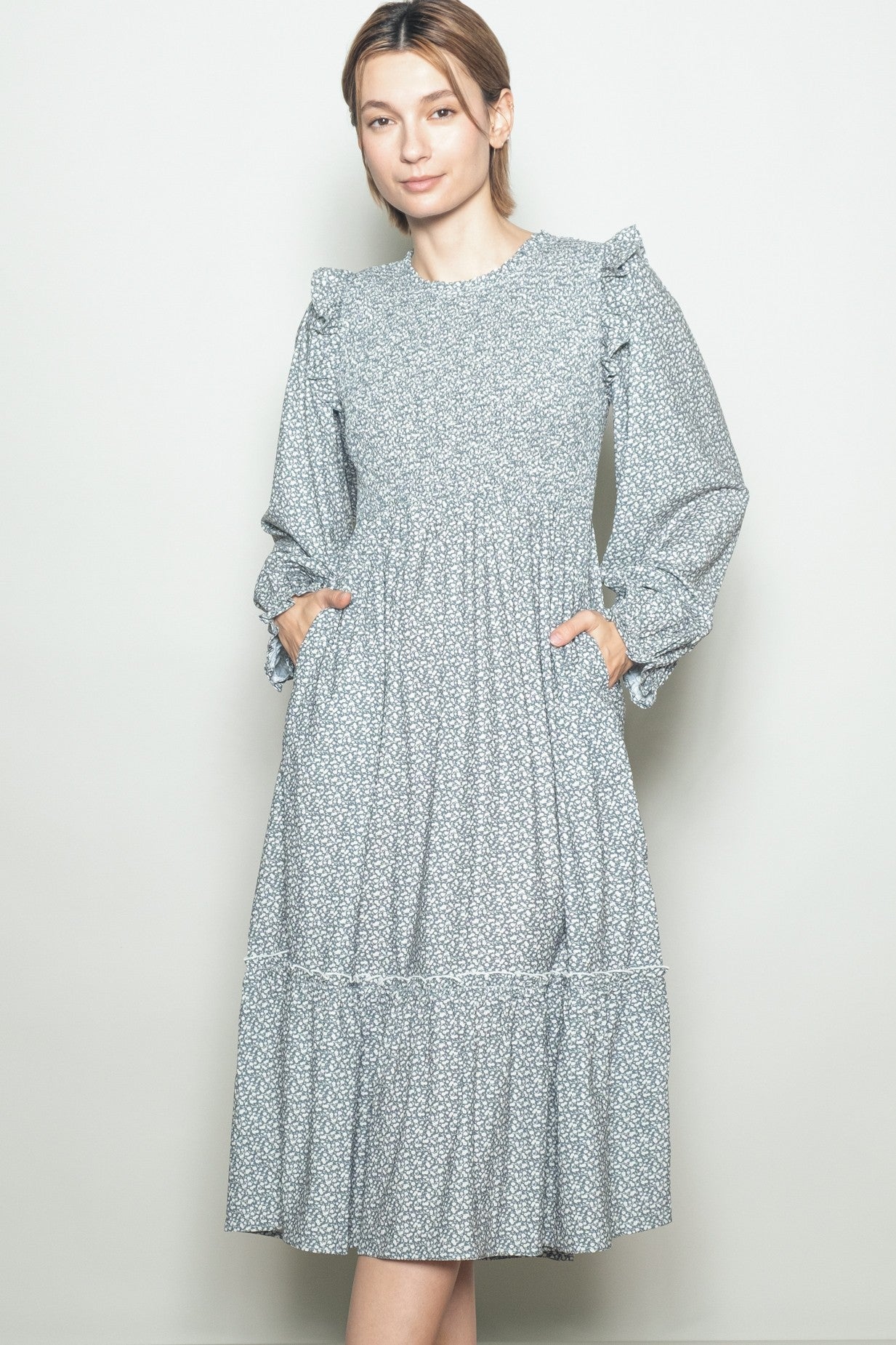 Mint Tiny Floral Ruffled Mock Neck Babydoll Midi Dress
