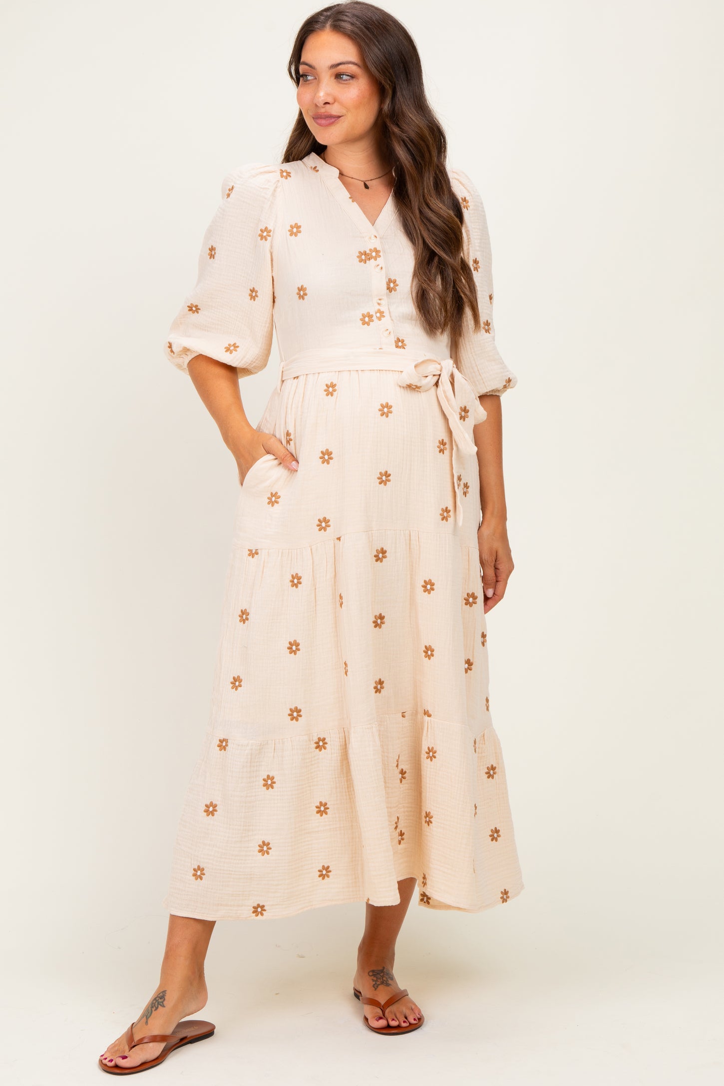 Brown Floral Cotton Gauze Tiered Maternity Midi Dress