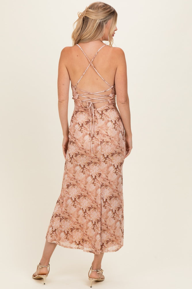 Peach Cowl Neck Lace Up Back Maxi Dress