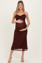 Burgundy Satin Halter Maternity Midi Dress