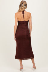 Burgundy Satin Halter Maternity Midi Dress