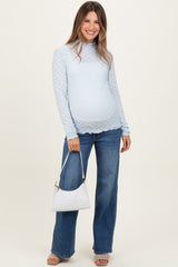Light Blue Thumbhole Sleeves Mock Neck Lace Maternity Top