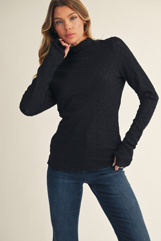Black Thumbhole Sleeves Mock Neck Lace Top