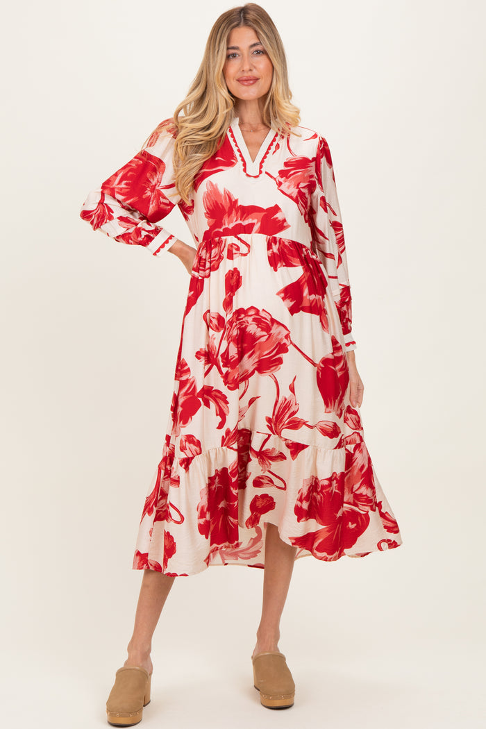 Cream/Red Big Floral Print Maternity Midi Dress