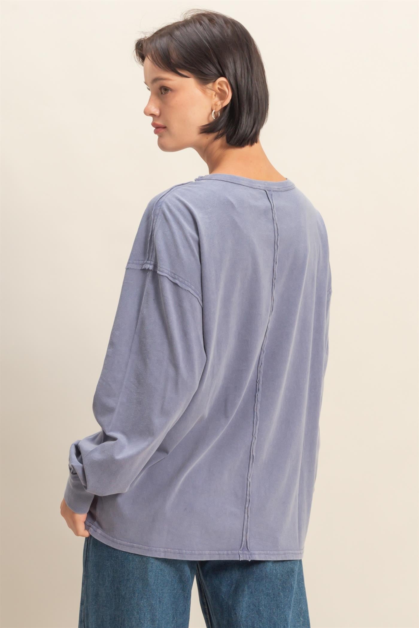 Navy Oversized Washed Long Sleeve Pocket Top