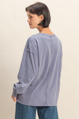 Navy Oversized Washed Long Sleeve Pocket Top