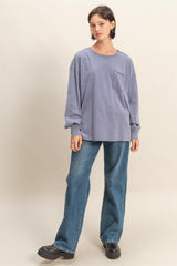 Navy Oversized Washed Long Sleeve Pocket Top