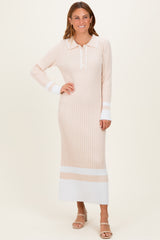 Cream Ribbed Knit Colorblock Polo Maternity Maxi Dress