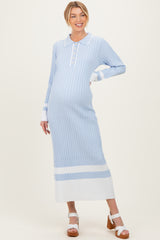 Light Blue Ribbed Knit Colorblock Polo Maternity Maxi Dress