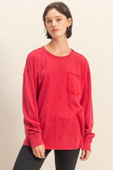 Red Oversized Washed Long Sleeve Pocket Top