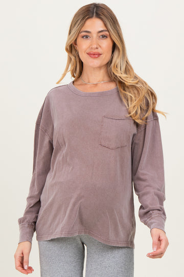 Mocha Oversized Washed Long Sleeve Pocket Maternity Top