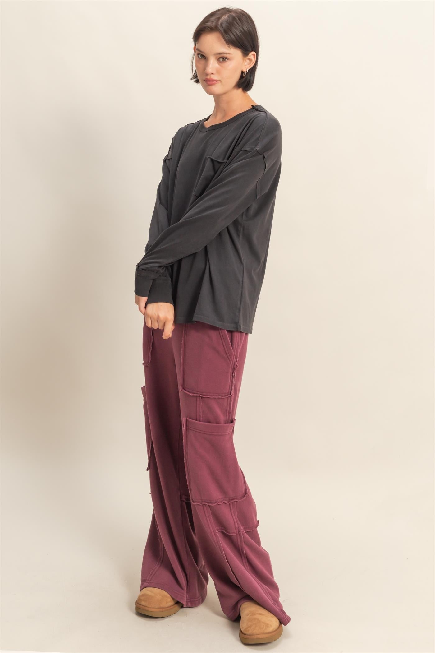 Black Oversized Washed Long Sleeve Pocket Top