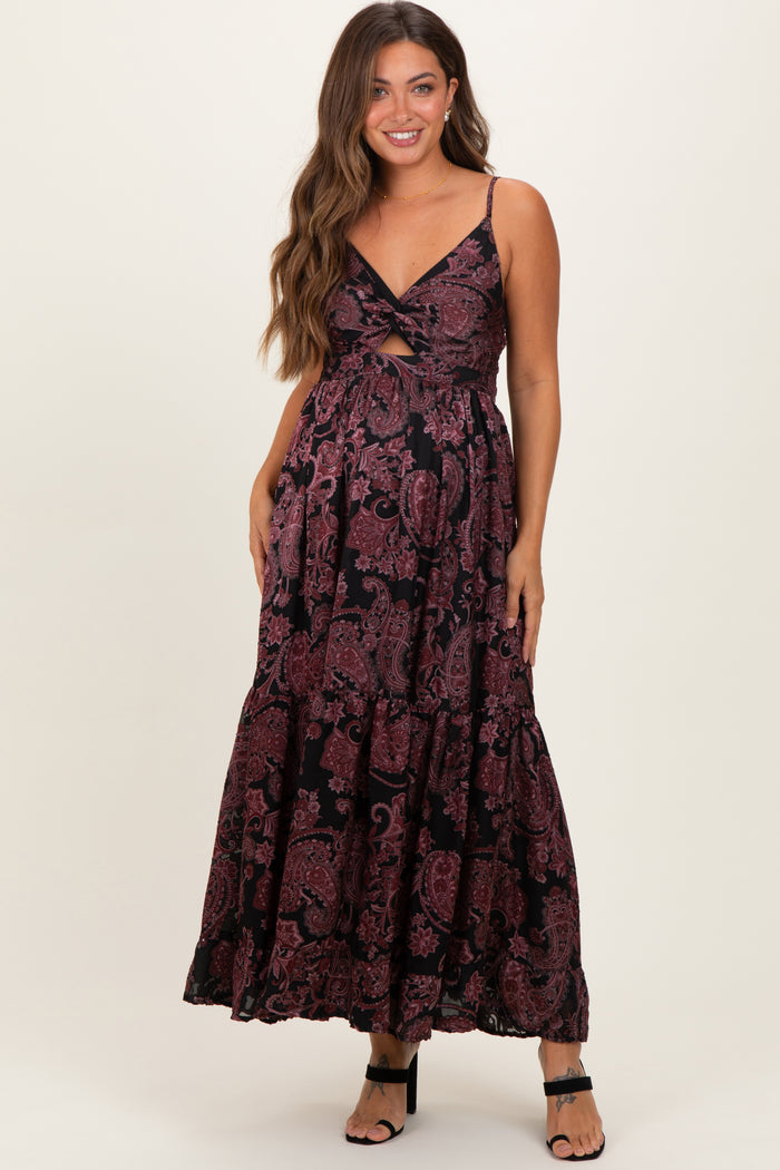 Black Paisley Sleeveless Twist Front Maternity Maxi Dress