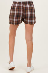 Brown Button-Front Plaid Maternity Boxer Shorts