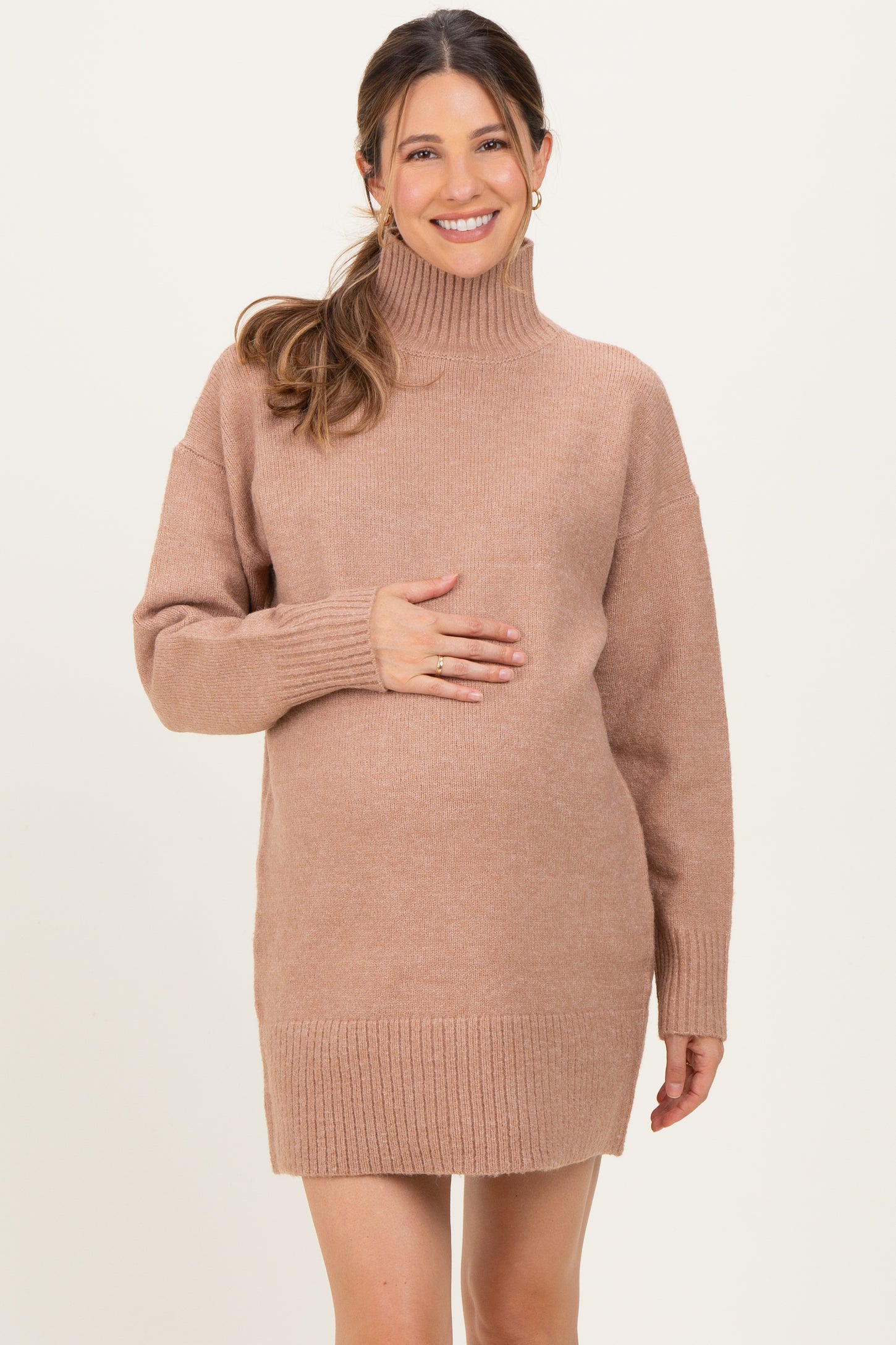 Taupe High Neck Sweater Maternity Mini Dress