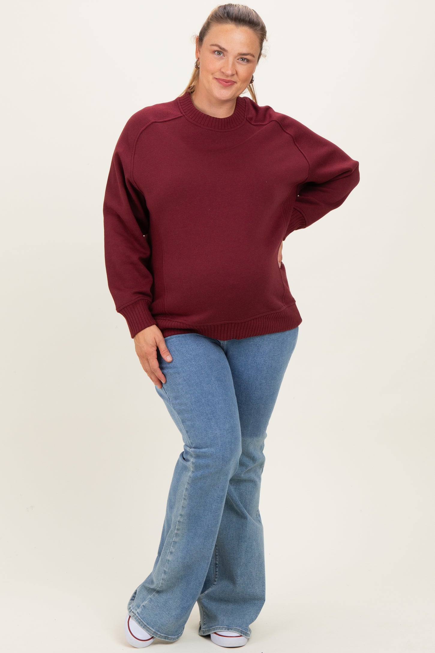 Burgundy Pullover Terry Maternity Plus Crewneck