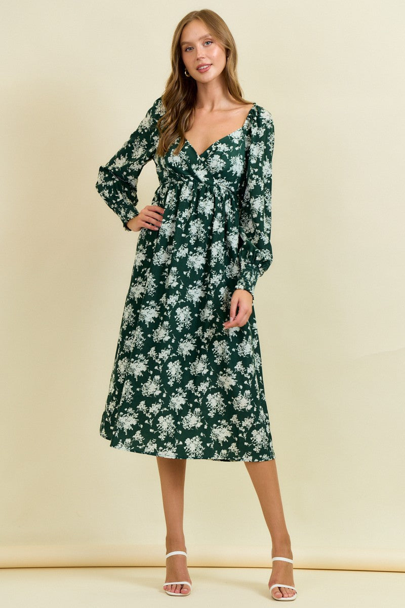 Forest Green Floral Crossover Neckline Maternity Midi Dress