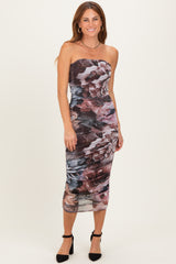 Mauve Floral Mesh Strapless Ruched Midi Dress