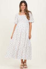 White Floral Puff Sleeve Tiered Maternity Maxi Dress