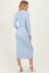 Light Blue Ribbed Knit Tie Neck Sweater Dress