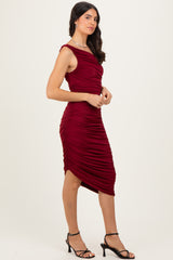 Burgundy One Shoulder Ruched Midi Dress
