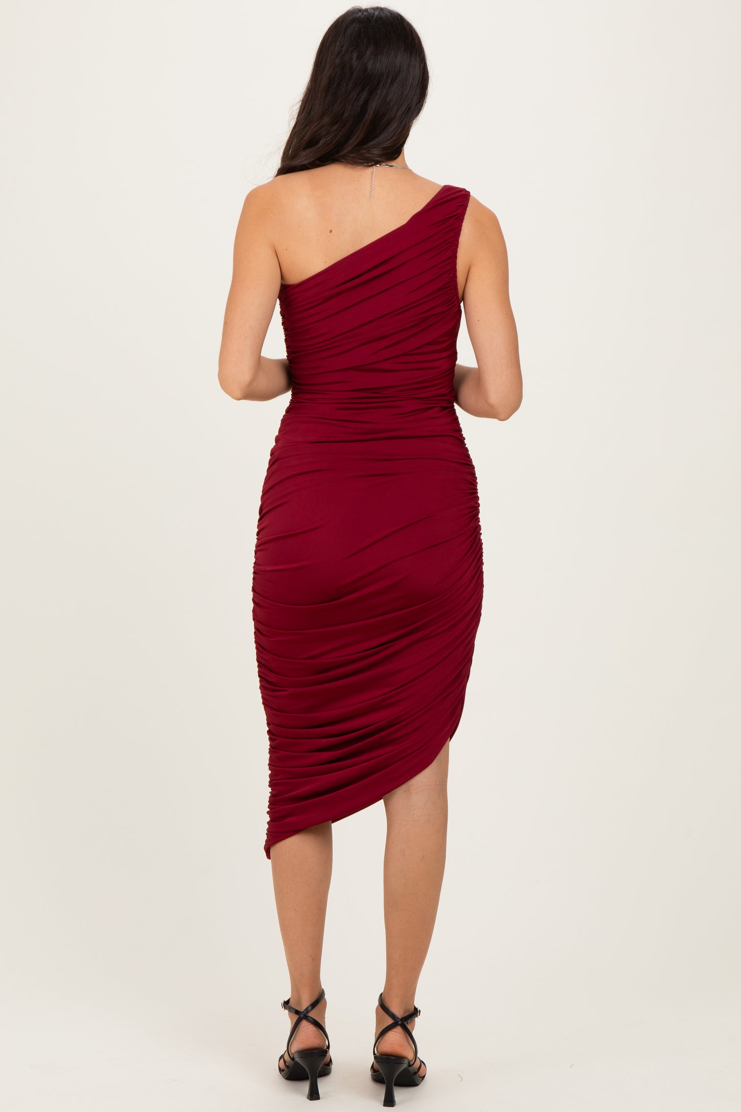 Burgundy One Shoulder Ruched Midi Dress
