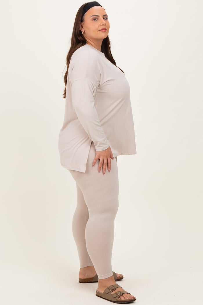 Cream Brushed Knit Oversized Top and Legging Plus Set