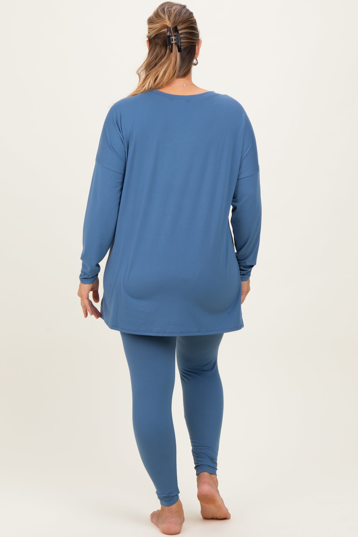 Blue Brushed Knit Oversized Top and Legging Maternity Plus Set