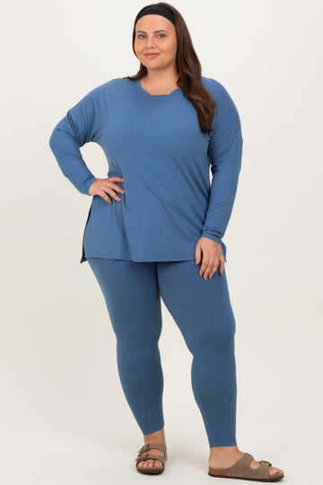 Blue Brushed Knit Oversized Top and Legging Plus Set