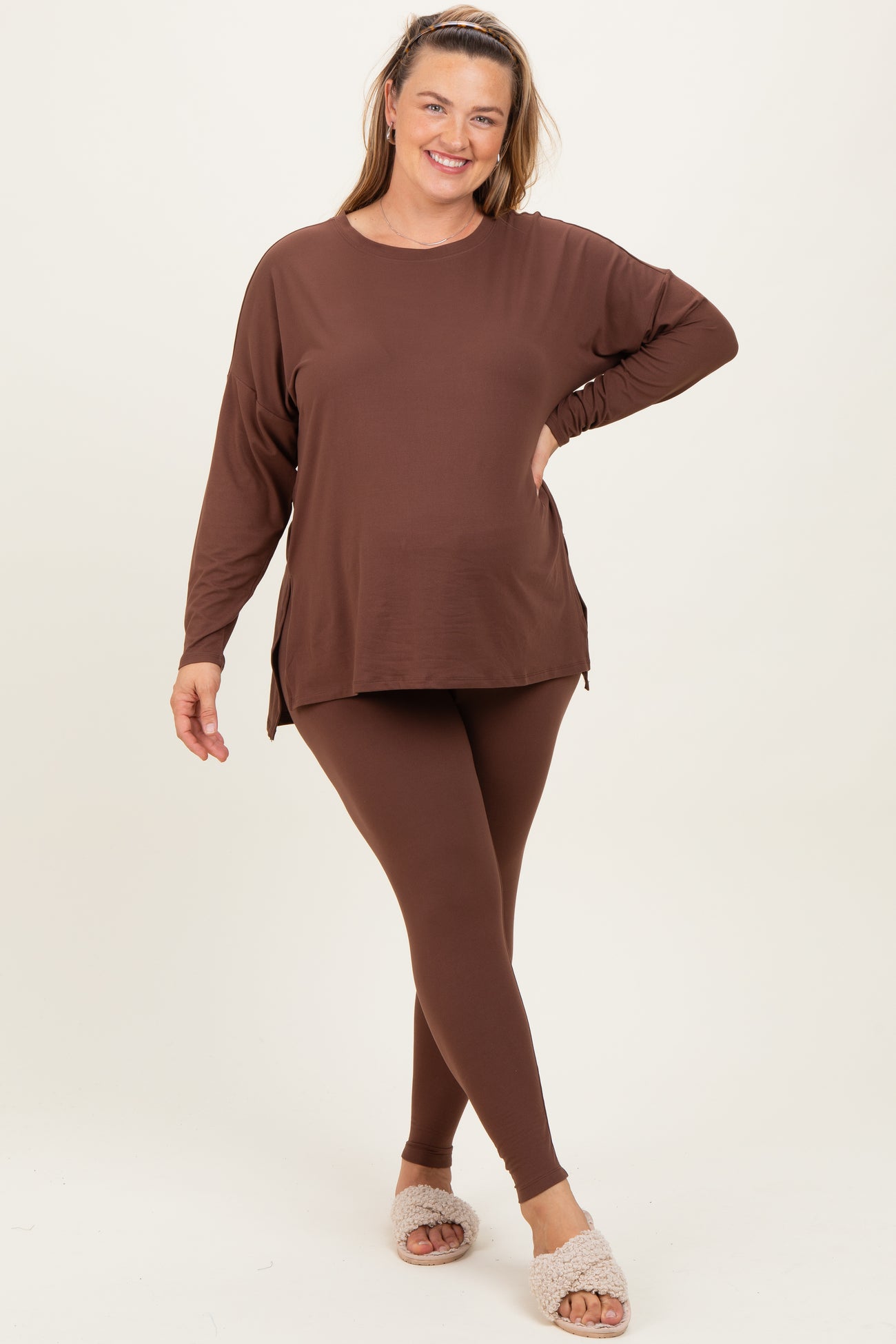 Brown Brushed Knit Oversized Top and Legging Maternity Plus Set