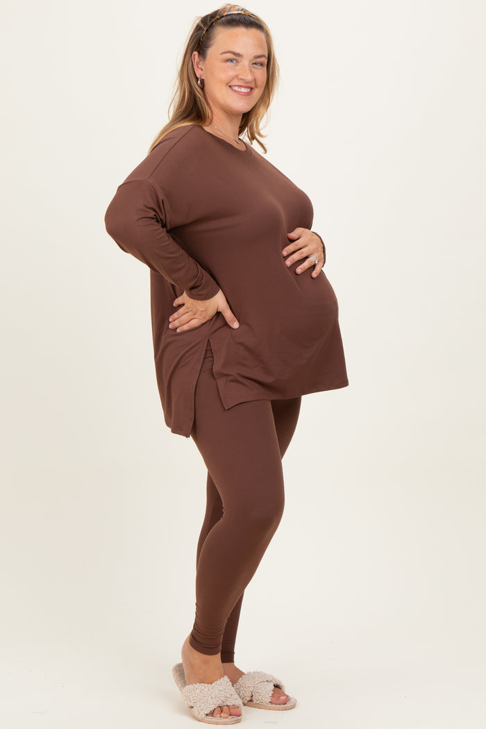 Brown Brushed Knit Oversized Top and Legging Maternity Plus Set