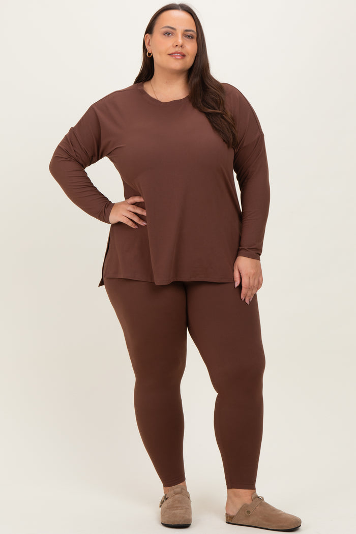 Brown Brushed Knit Oversized Top and Legging Plus Set