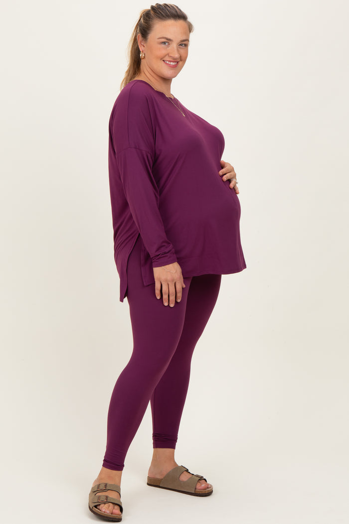 Plum Brushed Knit Oversized Top and Legging Maternity Plus Set