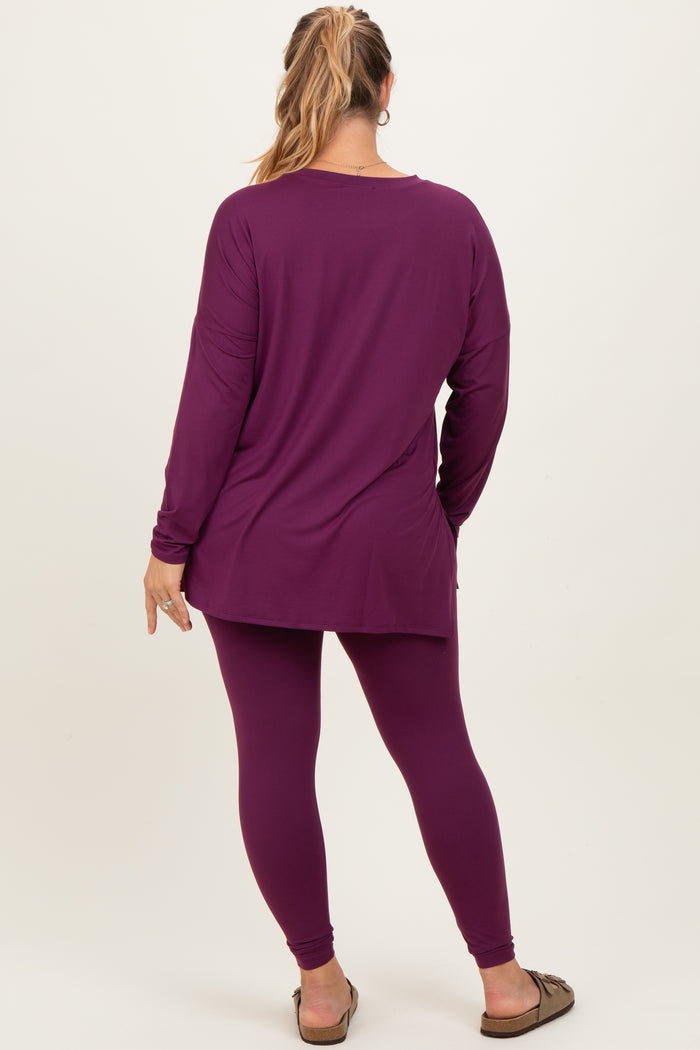 Plum Brushed Knit Oversized Top and Legging Maternity Plus Set