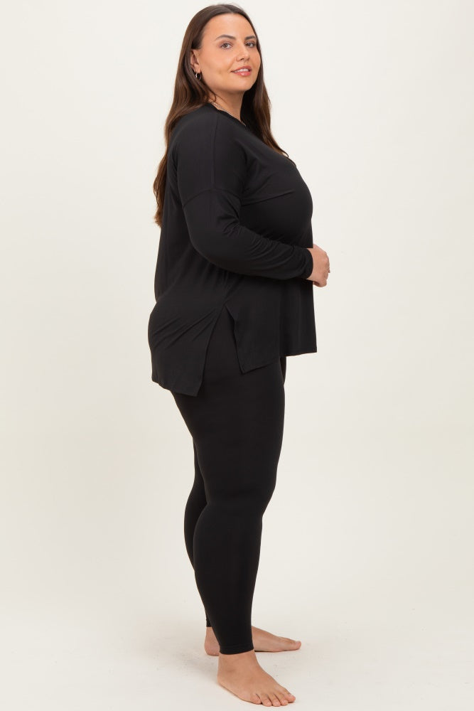 Black Brushed Knit Oversized Top and Legging Plus Set