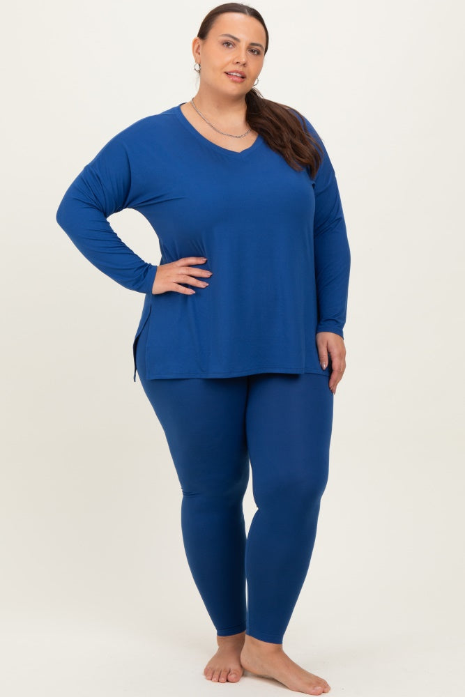 Navy Brushed Knit Oversized Top and Legging Plus Set