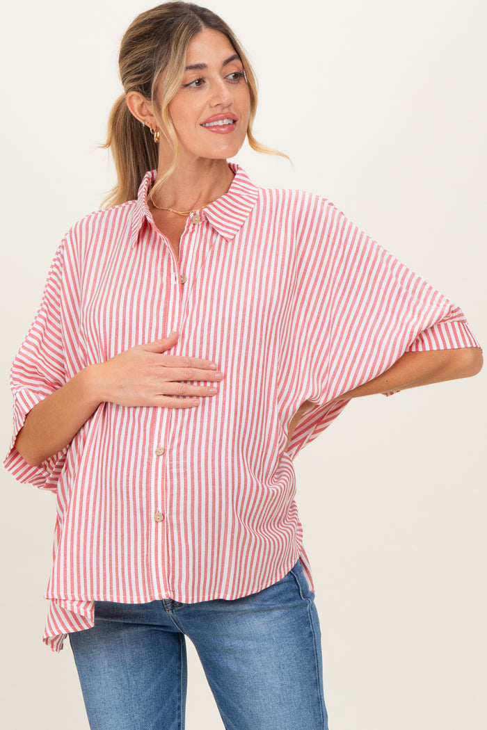 Red Striped Button Up Dolman Maternity Top