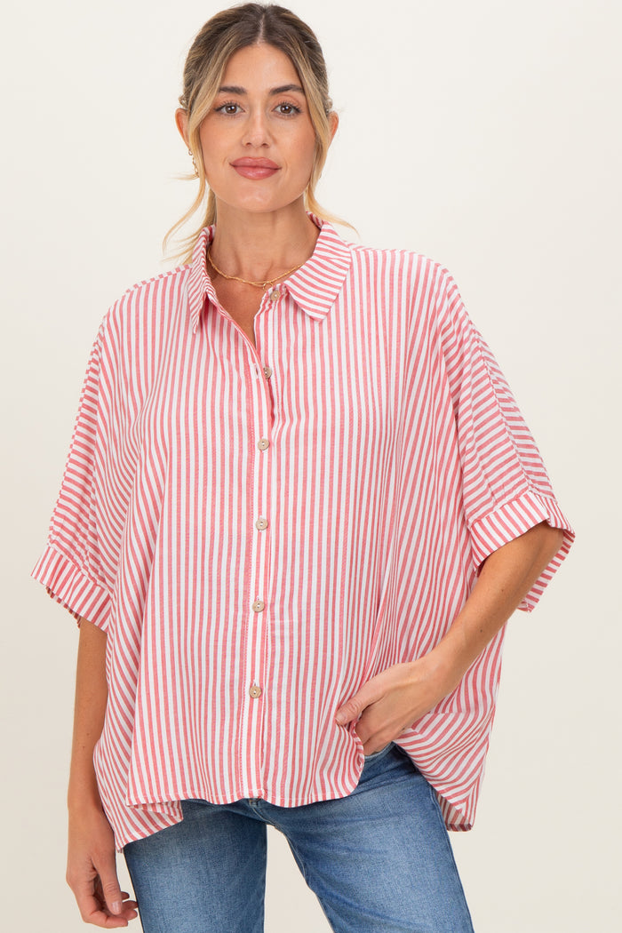 Red Striped Button Up Dolman Maternity Top