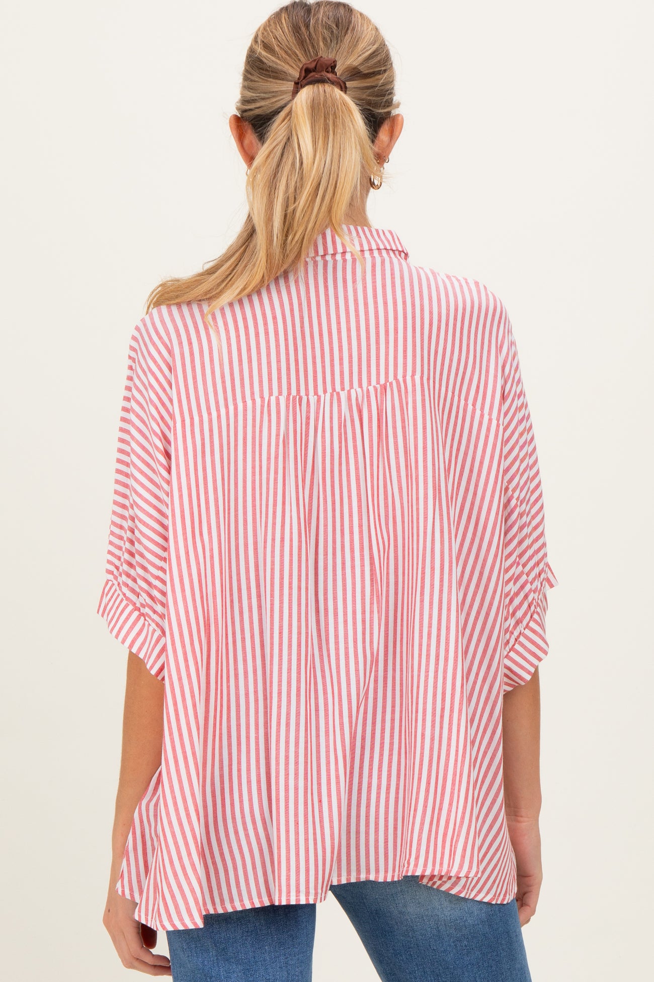 Red Striped Button Up Dolman Maternity Top