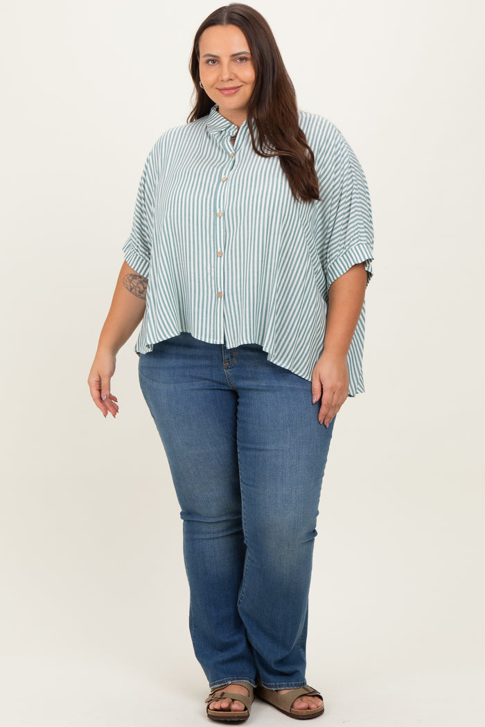 Forest Green Striped Button Up Short Dolman Sleeve Maternity Plus Top