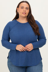 Navy Baby Waffle Knit Long Sleeve Plus Top