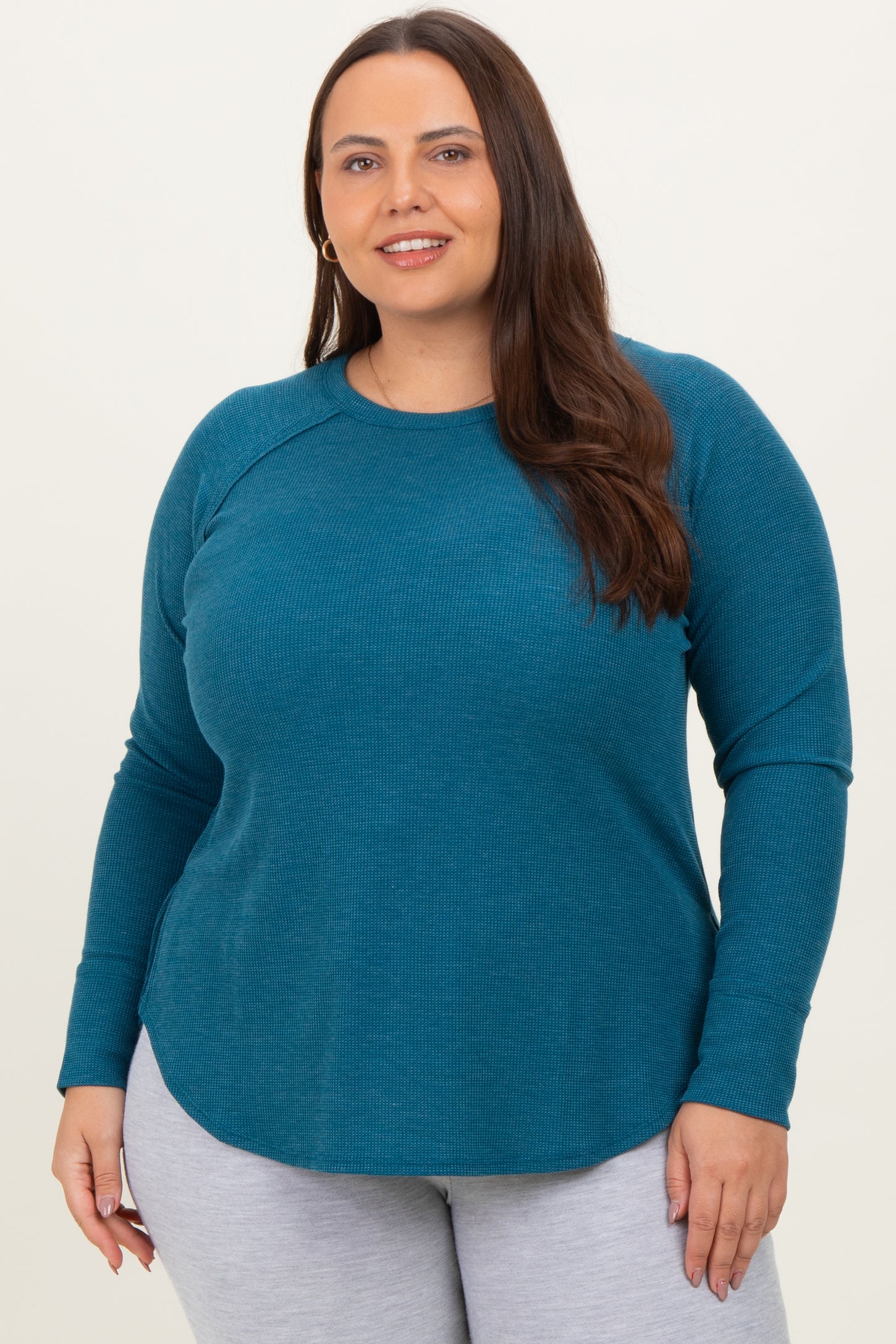 Teal Baby Waffle Knit Long Sleeve Plus Top