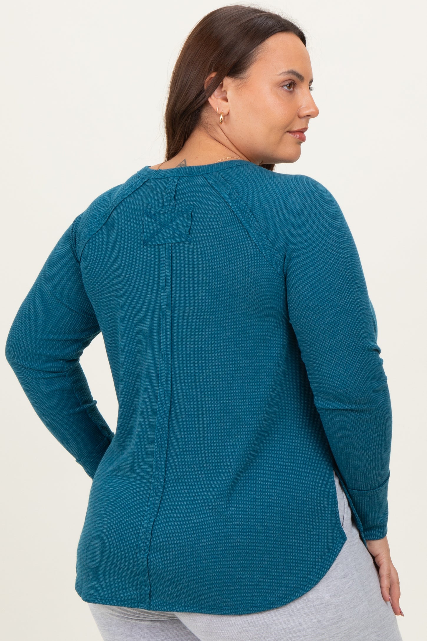 Teal Baby Waffle Knit Long Sleeve Plus Top
