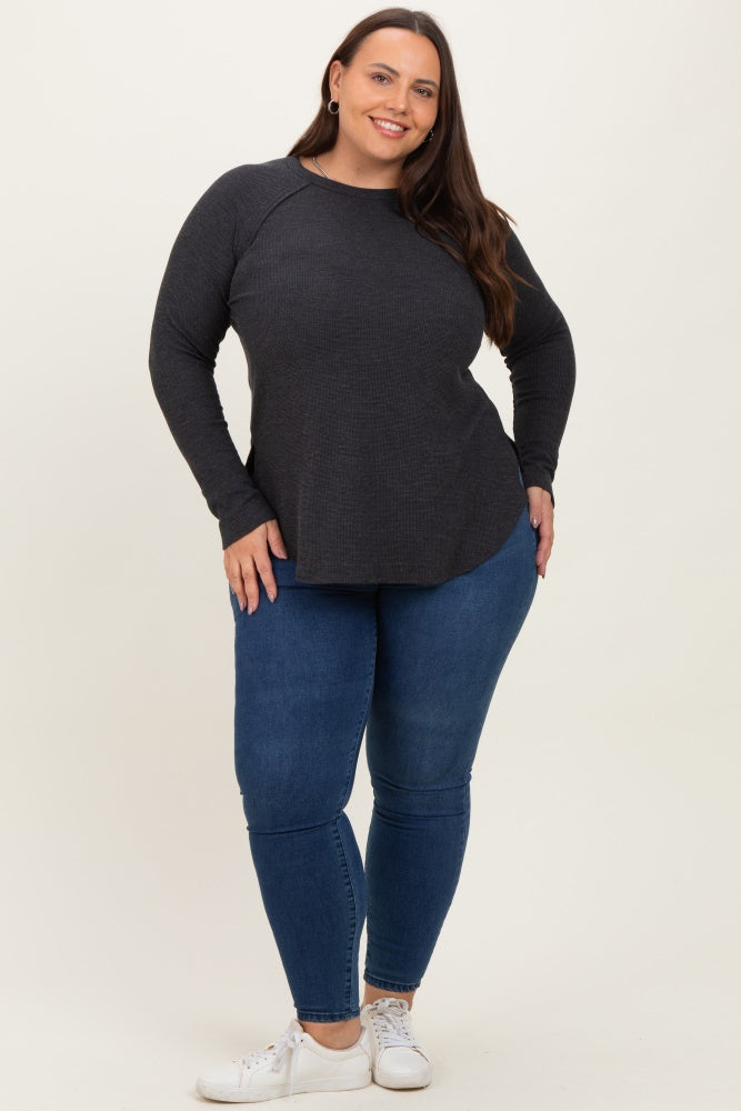 Charcoal Baby Waffle Knit Long Sleeve Plus Top